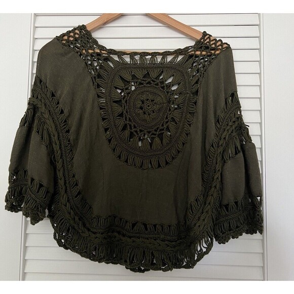 It Girl Women's Small Crochet Blouse Olive Green Beach Cover Up Boho Cropped Top - Picture 5 of 8